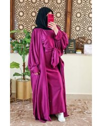 Set Abaya Kimono en Satin Rose Prune